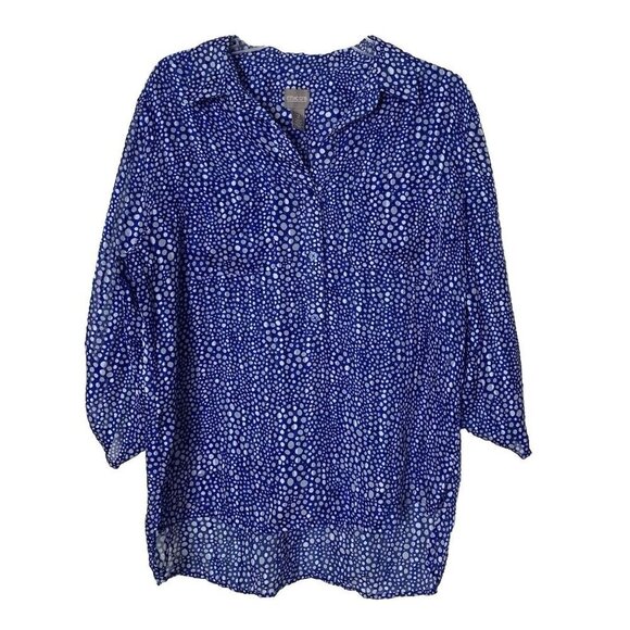 Chico’s Polka Dot Popover Thin Sheer Poly Blouse Blue White Size Medium (2) - Picture 1 of 11